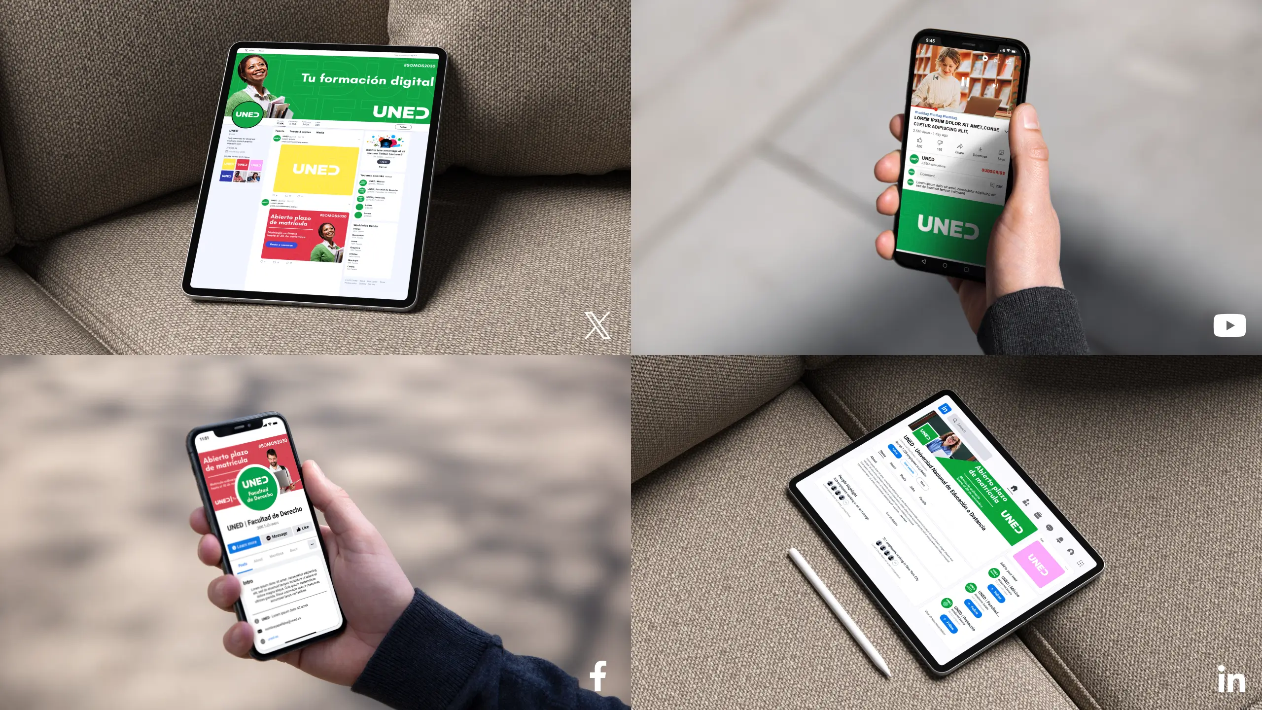 Visualización de la nueva imegen de la UNED en Youtube, Facebook, LinkedIn y X o Twitter